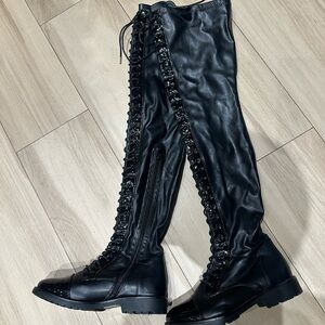 Black Lace-Up Knee-High Boots